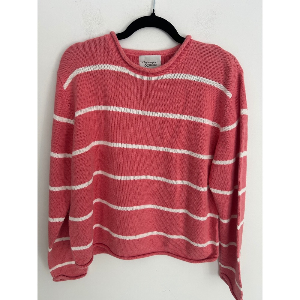 Christopher & Banks Pink White Striped Ramie Cotton Knit Crewneck Sweater Large